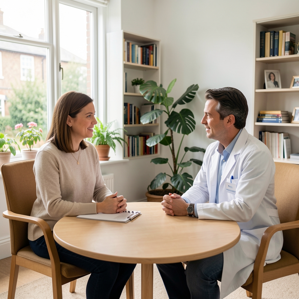 Patient and clinician having a respectful conversation in a bright UK consultation room