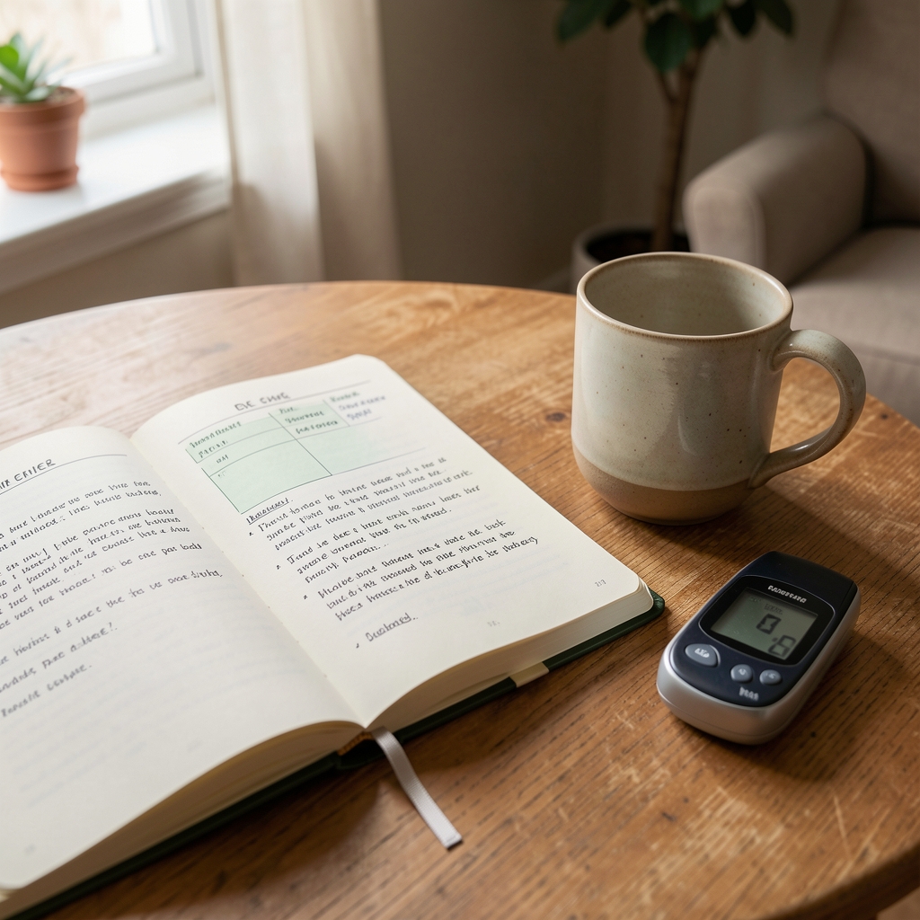 Open notebook with meal observations and a glucose meter beside a ceramic mug in a calm home setting