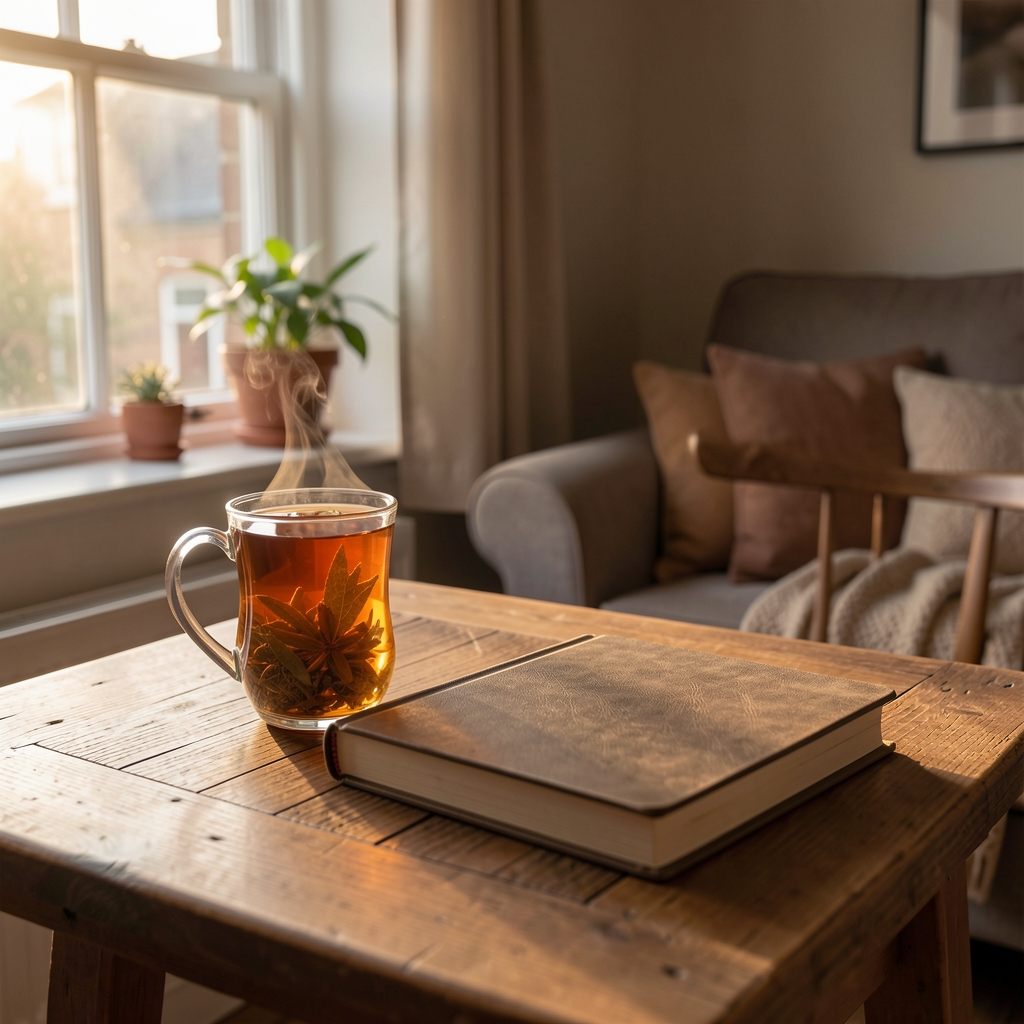 Quiet evening table with herbal tea, a closed journal and soft window light in a Manchester home